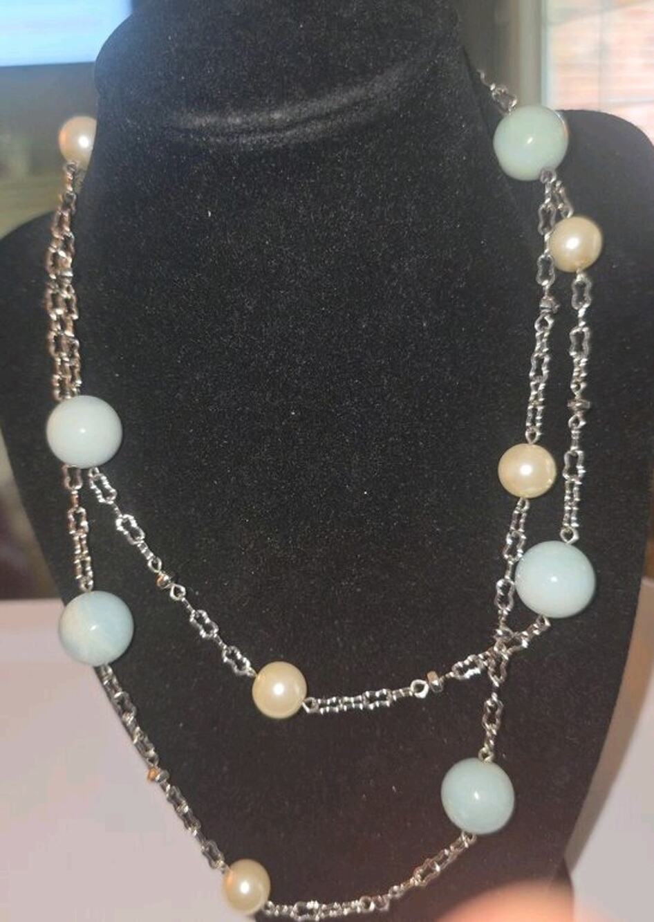 Vintage Beaded Necklace with Blue and Pearl Beads